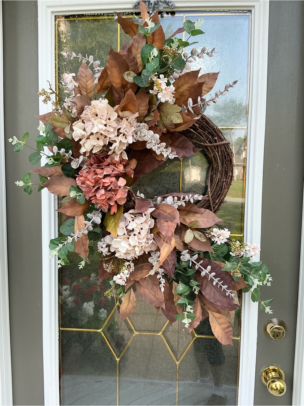 Hand Crafted Brown, Cream & Blush Hydrangea Magnolia Grapevine Wreath
